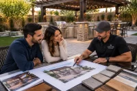 Backyard BBQ island with pergola and hardscape in Henderson, NV by Corestone